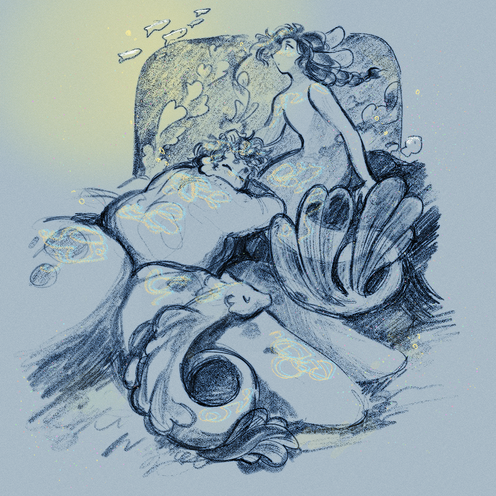 A digital pencil sketch in soft blues and yellows.