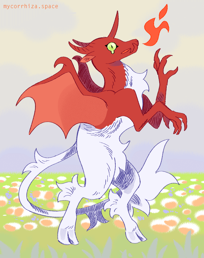 digital drawing of a chimera that is a hybrid between a dragon and a unicorn in heraldic pose against a painting of a field of flowers