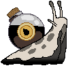 a pixel art snail with a black ink bottle in place of its shell