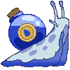 a pixel art snail with a blue ink bottle in place of its shell