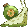 a pixel art snail with a green ink bottle in place of its shell