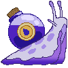a pixel art snail with a purple ink bottle in place of its shell