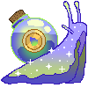 a pixel art snail with a sparkling ink bottle in place of its shell